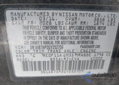 2016 Nissan Sentra Sr from USA, damaged, VIN 3N1AB7AP2GY252709